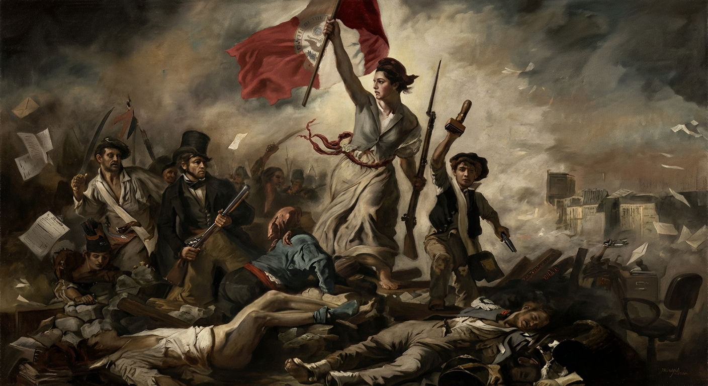 Revolutionaries in gray suits on barricades, holding rubber stamps instead of rifles