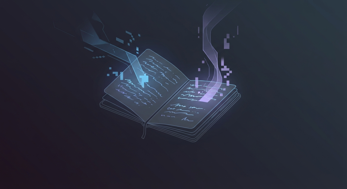 A notebook floating in void space with glowing text and data streams