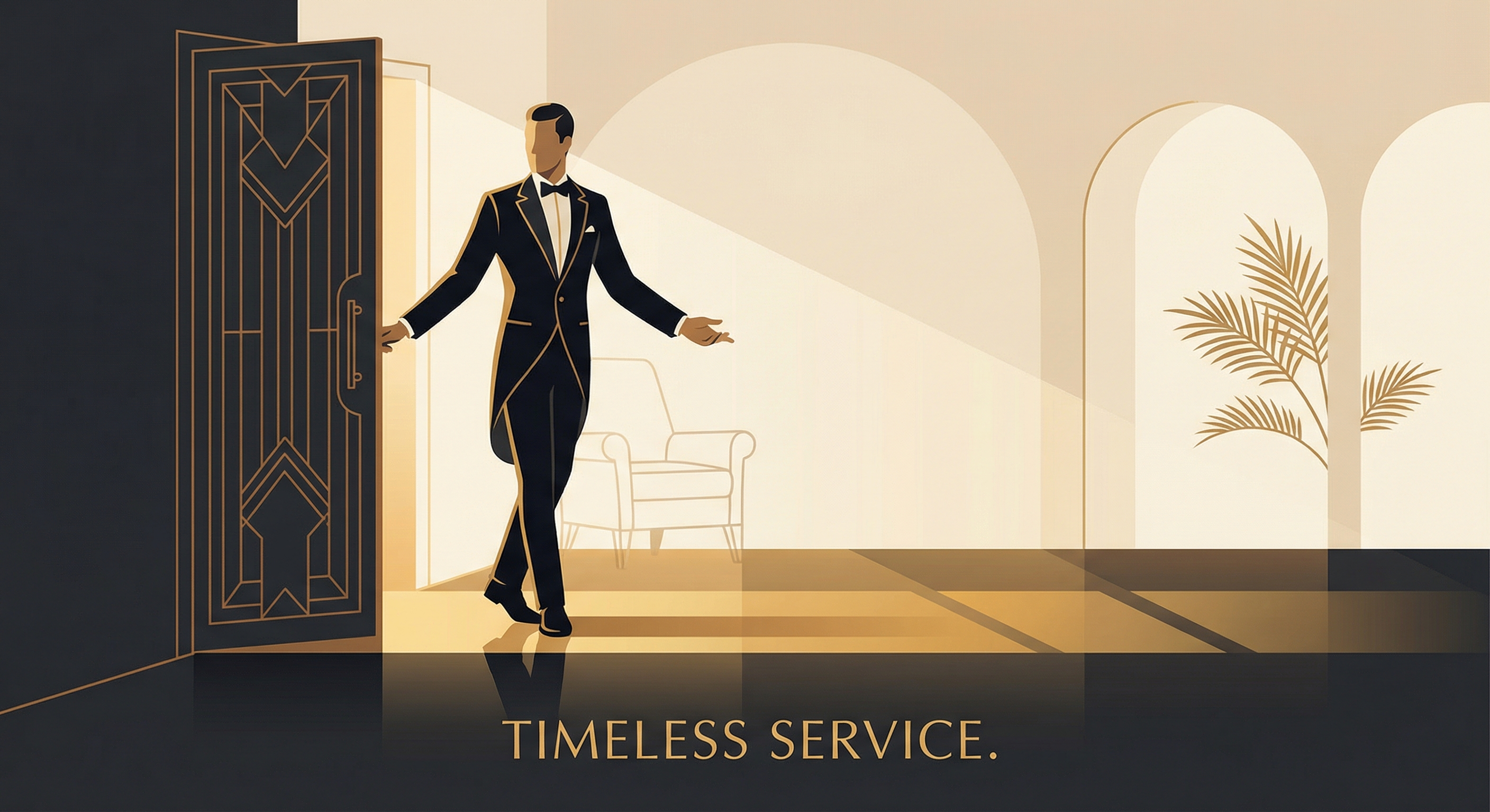 Elegant art deco illustration of a distinguished butler standing by an open door in warm golden light