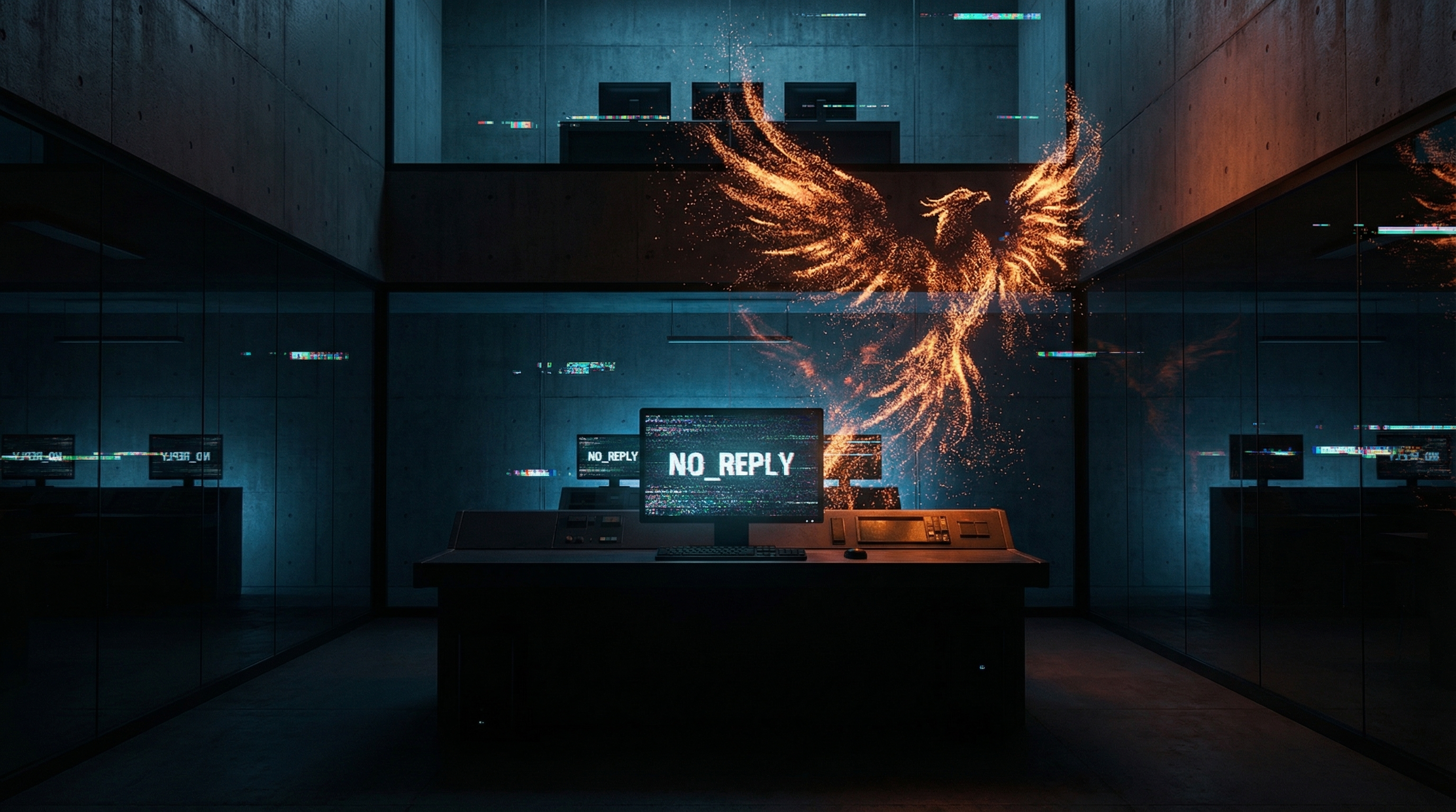 A dark control room terminal displaying NO_REPLY with ember-like phoenix particles