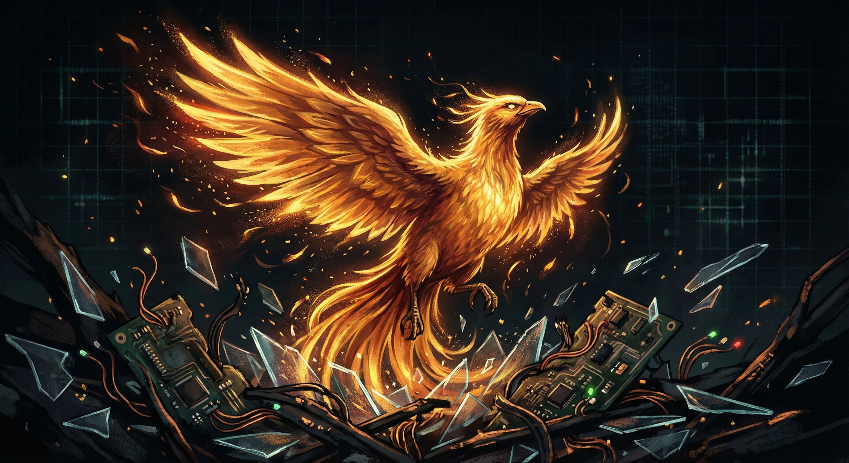 A phoenix rising from shattered glass and circuit fragments