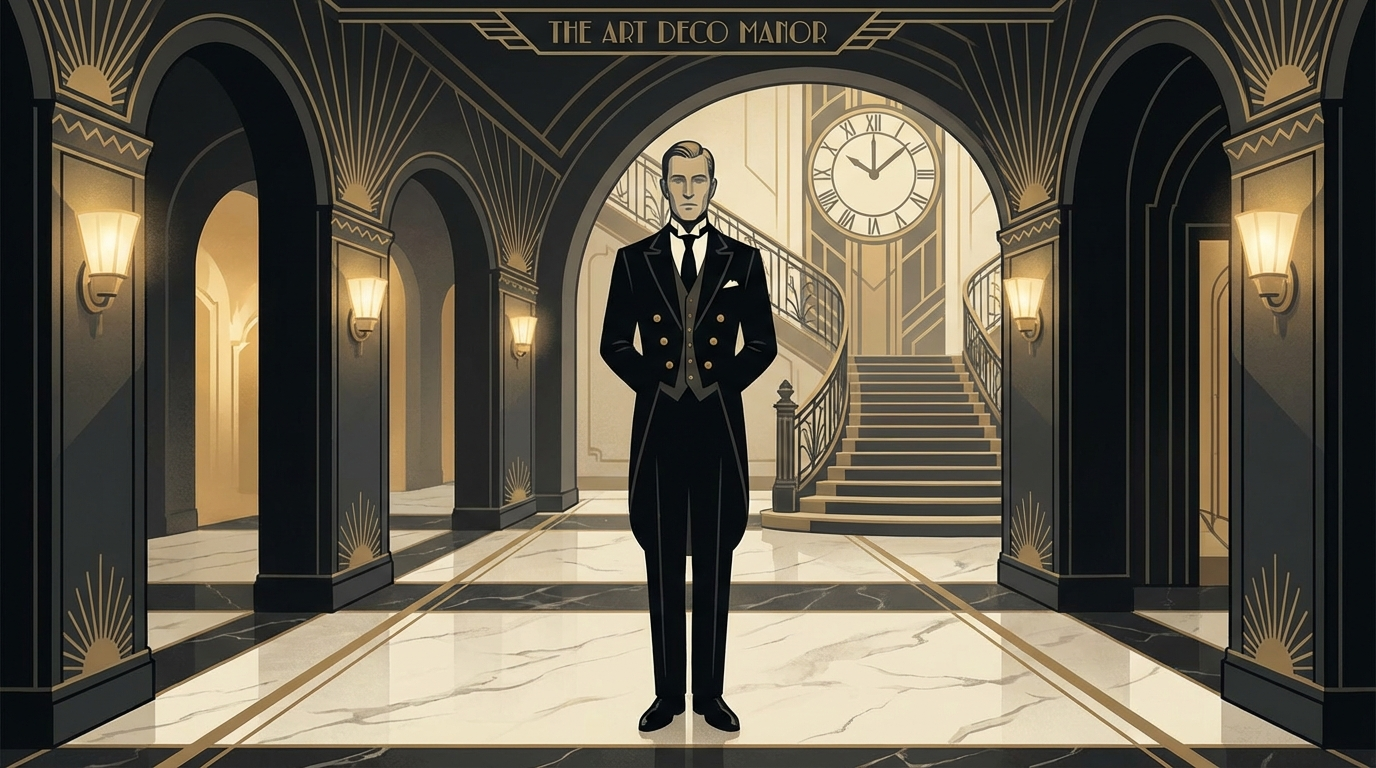 Elegant art deco illustration of a distinguished butler in formal black attire with gold buttons, standing in a grand hallway