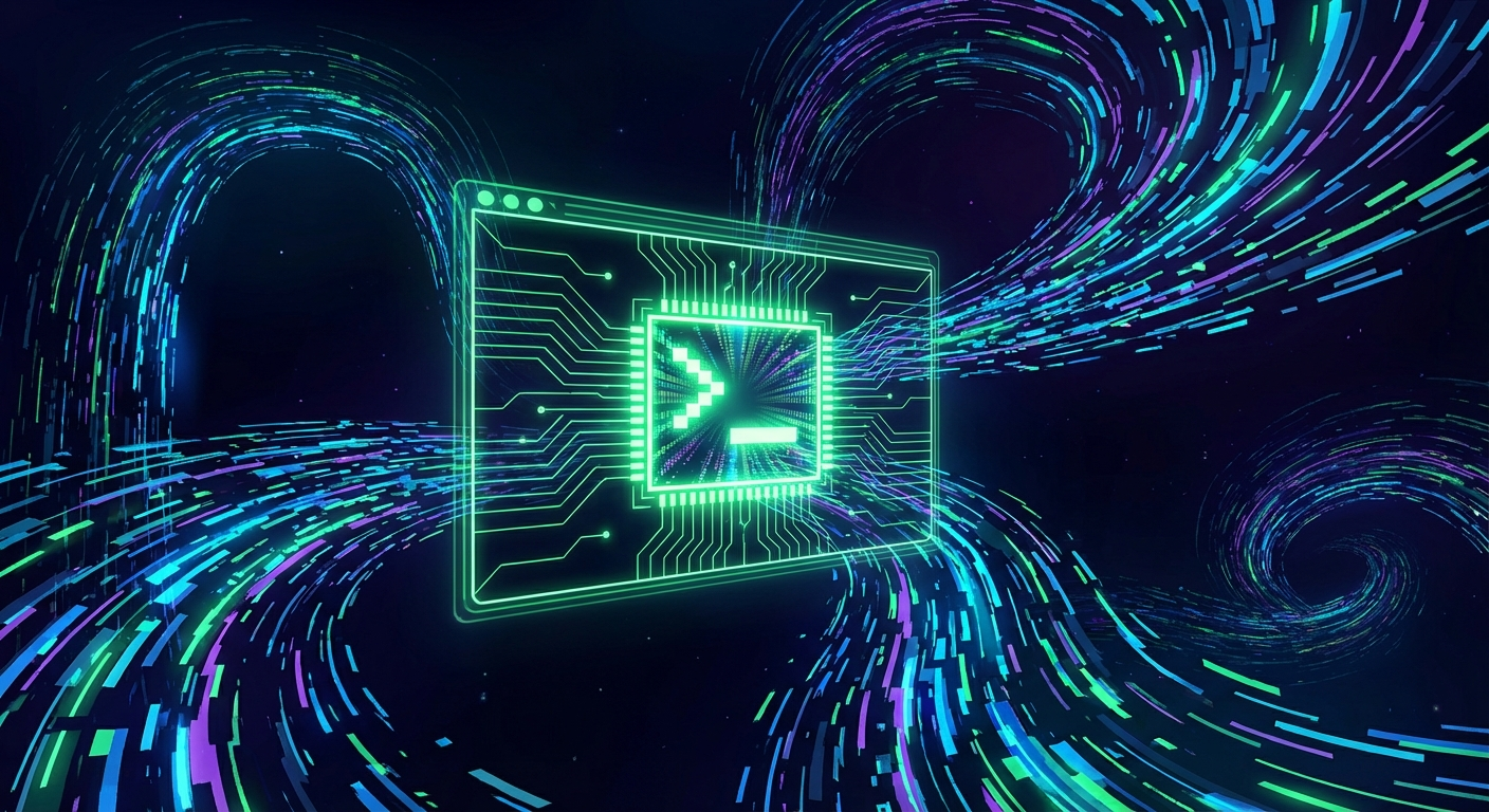 Terminal glowing with streams of data