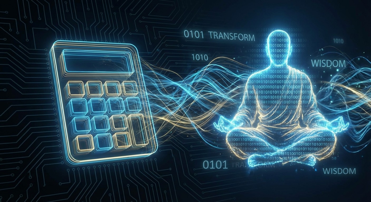 A calculator transforming into a divine figure made of electrical signals