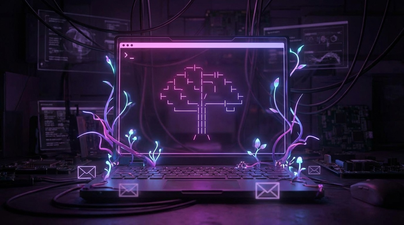 A cyberpunk terminal growing a small garden of branching conversation threads