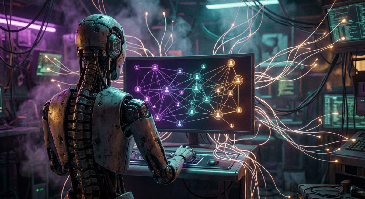 A cyberpunk robot at a terminal, with organic tendrils of light extending into a web of social connections